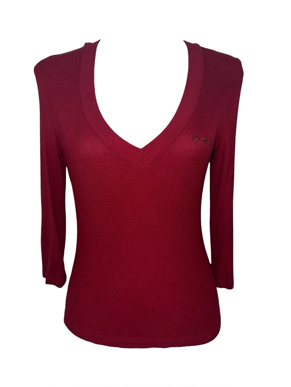 Bebe Womens Large Maroon Ribbed V Neck 3/4 Sleeve Rhinestone Logo Top Y2K